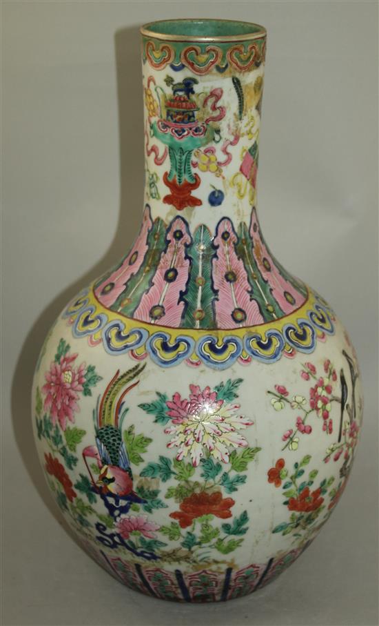 A large Chinese famille rose bottle vase, Daoguang period, 42.5cm, crack to body, lamp mount removed